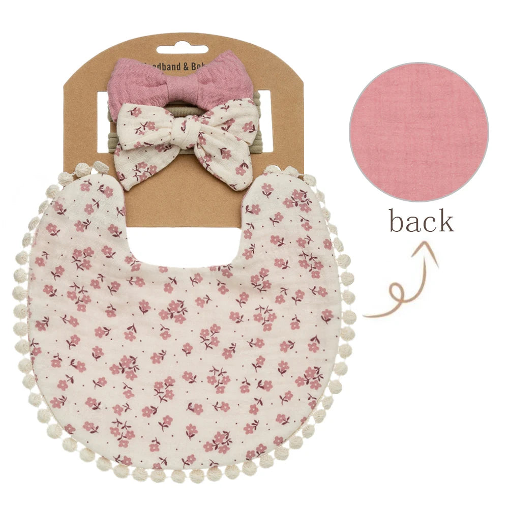 3-Piece Baby Bib & Headband Set, Double-Sided Feeding and Burp Cloth with Soft Nylon Bow Headbands