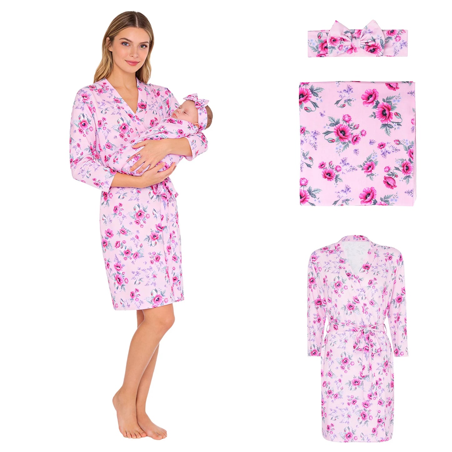 Maternity Robe Matching Baby Receiving Blanket Mommy Labor Delivery Night-robe with Swaddle Set Hospital Home Nursing Clothing
