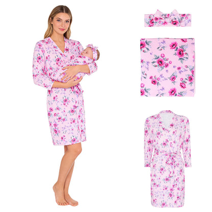 Maternity Robe Matching Baby Receiving Blanket Mommy Labor Delivery Night-robe with Swaddle Set Hospital Home Nursing Clothing