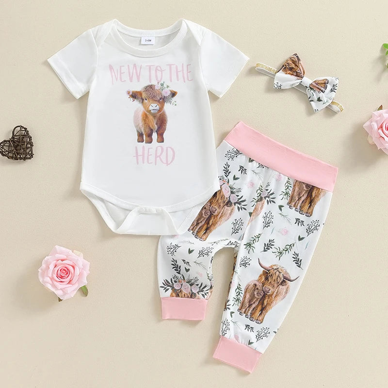 Summer Infant Baby Girl Clothes Set Print Short Sleeve Romper Elastic Waist Pants Bow Headband Outfits