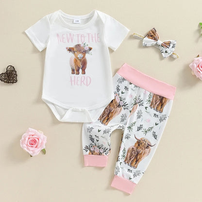Summer Infant Baby Girl Clothes Set Print Short Sleeve Romper Elastic Waist Pants Bow Headband Outfits