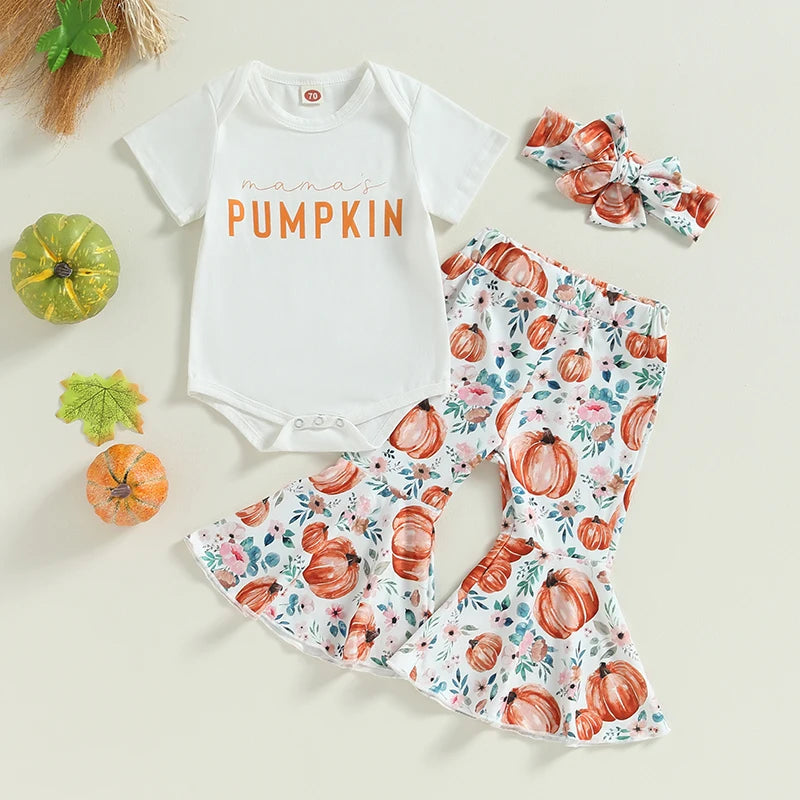 Summer Halloween Infant Baby Girls Clothes Letter Print Short Sleeves Romper and Pumpkin Print Flare Pants Headband