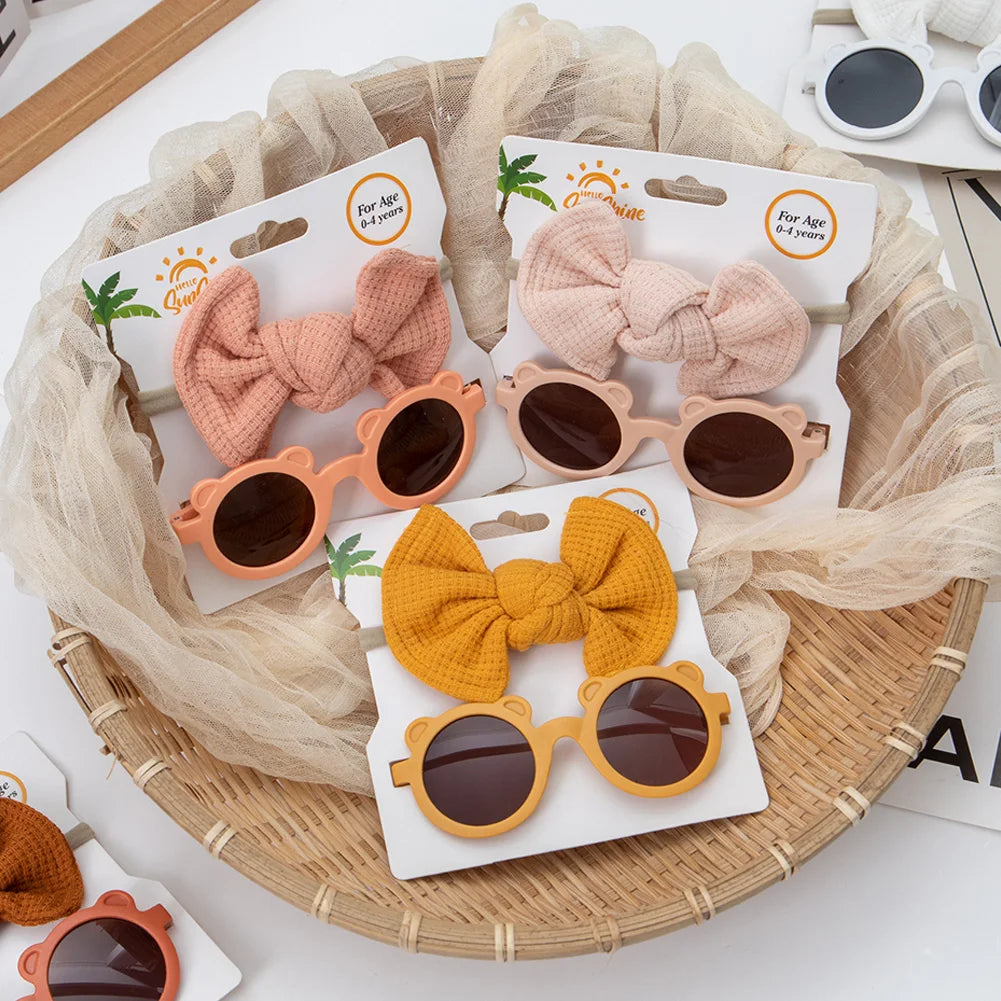 2Pcs/Set Bear Baby Sunglasses Waffle Topknot Hair Bows Headbands Sun Protection Shadow Glasses Kids Fashion Hair Accessories