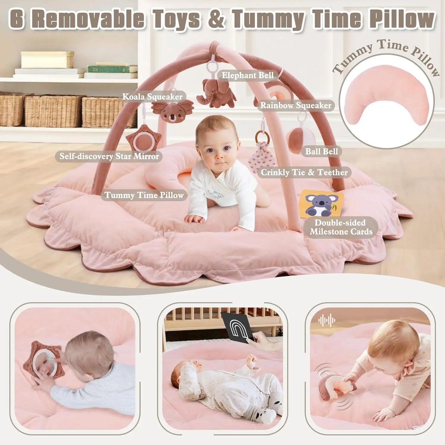5-in-1 Plush Baby Play Gym with Convertible Mat, 6 Sensory Toys for Newborn to Toddler in Pink