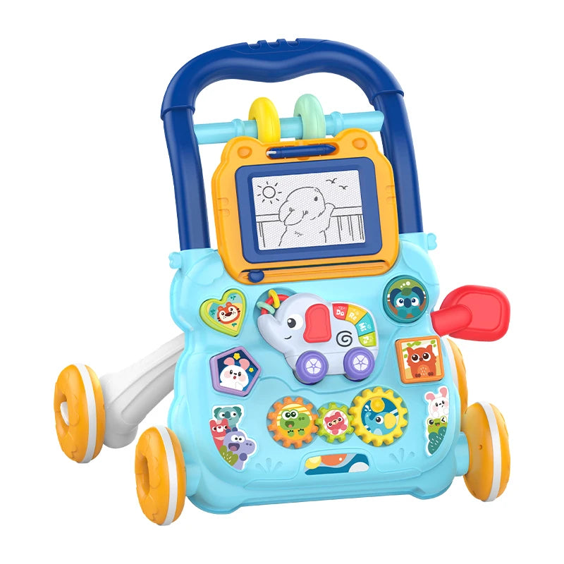 Cartoon Baby Push Walker Toy with Music Drawing Board Multifunction Activity Toddler Walker Learning Walk for 6M+ Infant