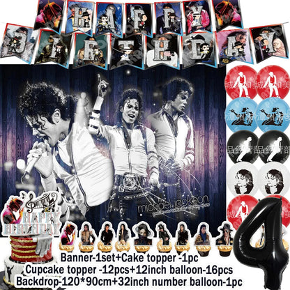 Music&Michael&J-jackson Birthday Party Supplies Banner Latex Balloons Cake Topper Cupcake Toppers Backdrop Fans Kids Adults Gift