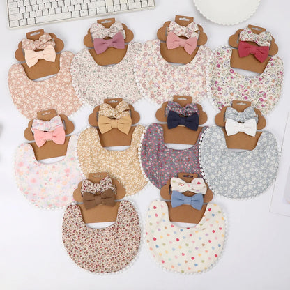 3Pcs/Set Cute Baby Girl Bibs Cotton Floral Infant Burp Cloth With Bow Headband Double Side Saliva Towel Newborn Accessories