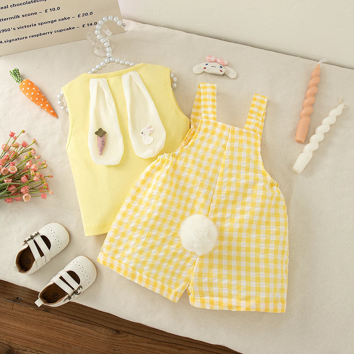 Baby Girl Set Cute Rabbit Ear Tops with Yellow Checker Shoulder Strap Shorts Suit 2 Piece Summer Casual Outdoor