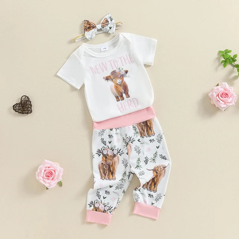 Summer Infant Baby Girl Clothes Set Print Short Sleeve Romper Elastic Waist Pants Bow Headband Outfits