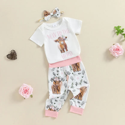 Summer Infant Baby Girl Clothes Set Print Short Sleeve Romper Elastic Waist Pants Bow Headband Outfits