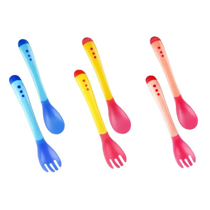 2 PCS Set Baby Feeding Spoon Frok Food Grade Heat Sensitive Spoon Children Feeding Tableware Temperature Sensitive Spoon Frok