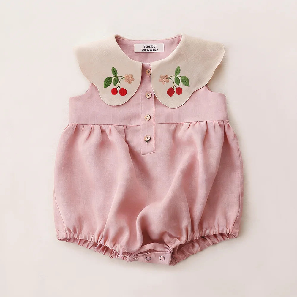 Baby Girls Cotton Linen Romper, Sleeveless Embroidered Summer Outfit (0–2 Years)