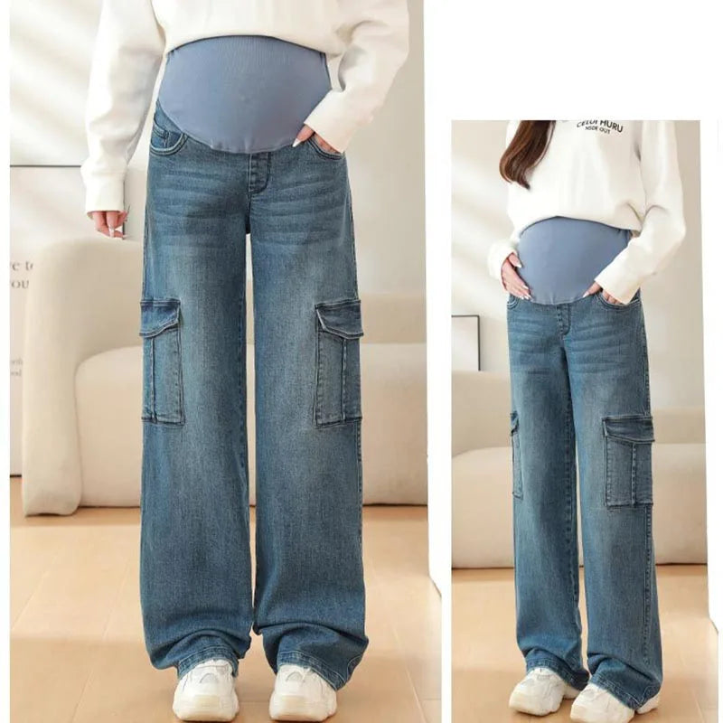 Maternity Washed Denim Jeans for Pregnant Women Clothes Elastic Waist Belly Loose Pants Pregnancy Clothing Clothe