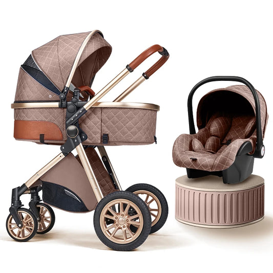 Luxury Baby Stroller 3 in 1 High Landscape Baby Cart Can Sit Can Lie Portable Pushchair Baby Cradel Infant Carrier