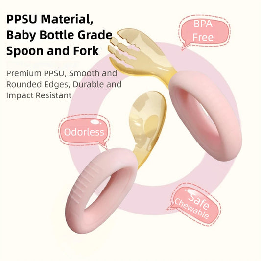 Toddler Spoon and Fork with Bendable Silicone Grip for Baby Self-feeding