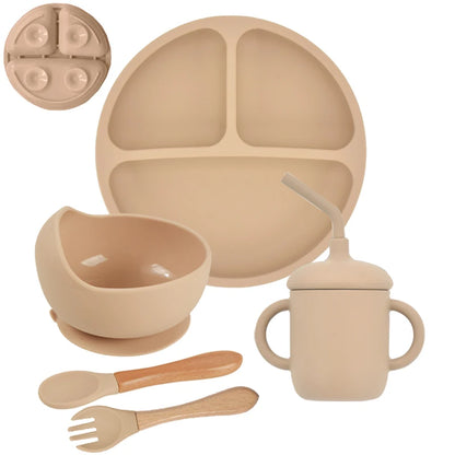 5Pcs/Set Baby Soft Silicone Tableware Kid Feeding Dishe Sucker Plate Bowl Spoon Fork Set Children Dishes Non-slip Dinnerware Set