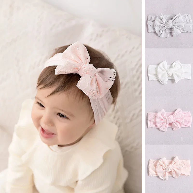 Hollow Bow Baby Headband Solid Color Nylon Elastic Wide Hairbands 0-2Year Girl Bowknot Headdress Kids Hair Accessories