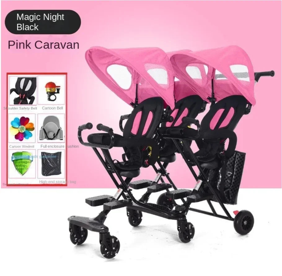 Triplet Stroller One-key Folding Detachable Universal Roller with Brake Anti-rollover Multiple Children Baby Stroller