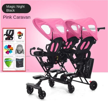 Triplet Stroller One-key Folding Detachable Universal Roller with Brake Anti-rollover Multiple Children Baby Stroller
