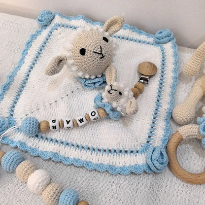 Newborn Educational Ring Teething Toy Baby Cartoon Lamb sheep Wooden Ring Rattle Crochet Wool Toy Customize Pacifier chain Towel