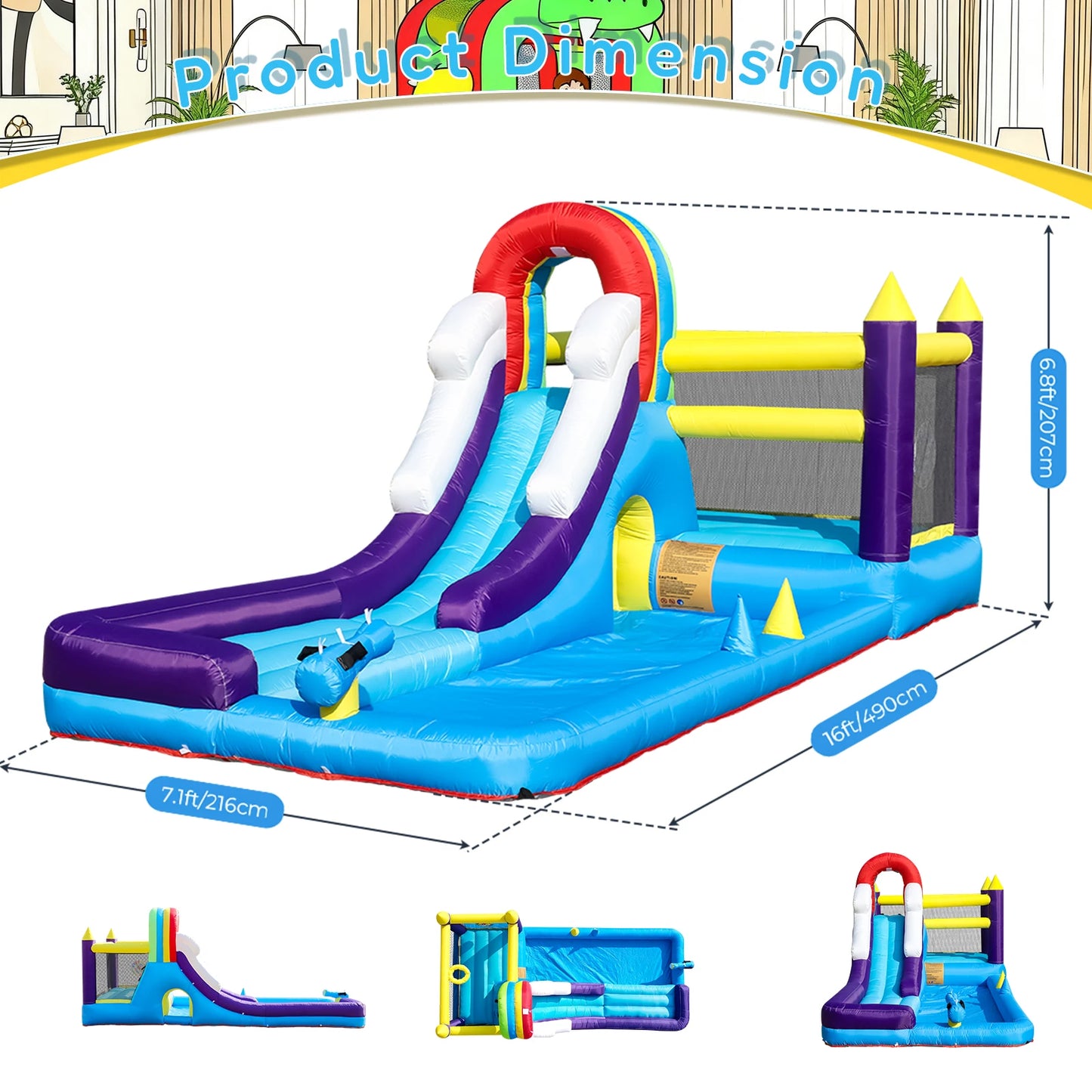 Oxford cloth 16ft 4.9m Inflatable Water Slide Bounce House w/ Splash Pool & 480W Blower