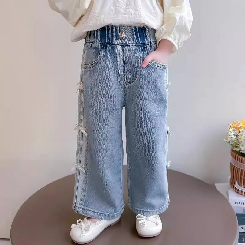 Girls Spring Jeans Kids Summer Bow Denim Pants Children's Straight Wide-leg Trousers Toddler Autumn Loose Clothing 2-8Y