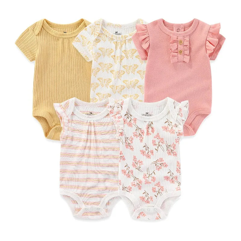 5-Piece Newborn Baby Bodysuit Set, Unisex Cotton Sleeveless Rompers with Cartoon and Solid Color Designs for Boys and Girls