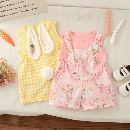 Baby Girl Set Cute Rabbit Ear Tops with Yellow Checker Shoulder Strap Shorts Suit 2 Piece Summer Casual Outdoor