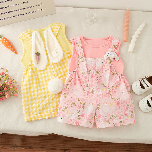 Baby Girl Set Cute Rabbit Ear Tops with Yellow Checker Shoulder Strap Shorts Suit 2 Piece Summer Casual Outdoor