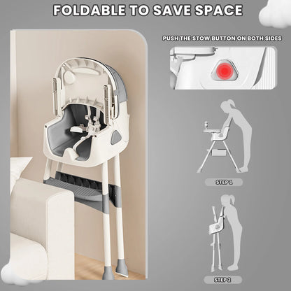 Foldable Baby Highchair 6 Months Plus, with Large Anti slip Pad & Toy Rack, Easy to Clean Feeding