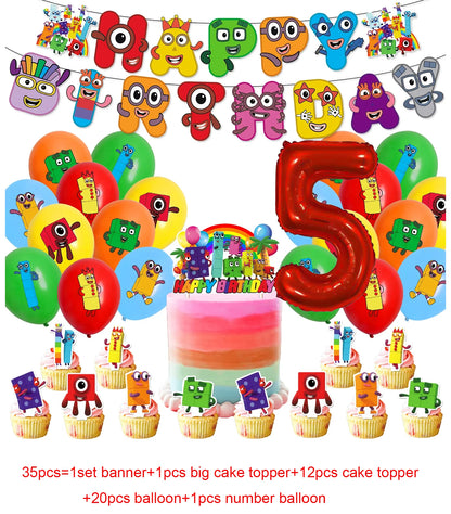 Number Birthday Decorations Building Blocks Tablecloth Banner Spiral Cake Topper Balloon for Kids Baby Shower Supplies Gifts