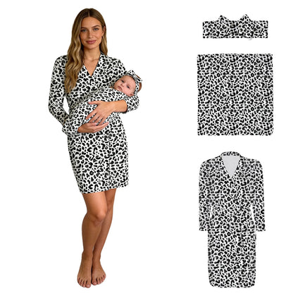 Maternity Robe Matching Baby Receiving Blanket Mommy Labor Delivery Night-robe with Swaddle Set Hospital Home Nursing Clothing