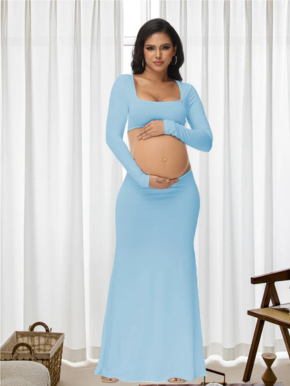 Maternity Sexy Bodycon Dresses Pregnant Photo Dress Square Neck Long Sleeve Wedding Party Pregnant Clothes