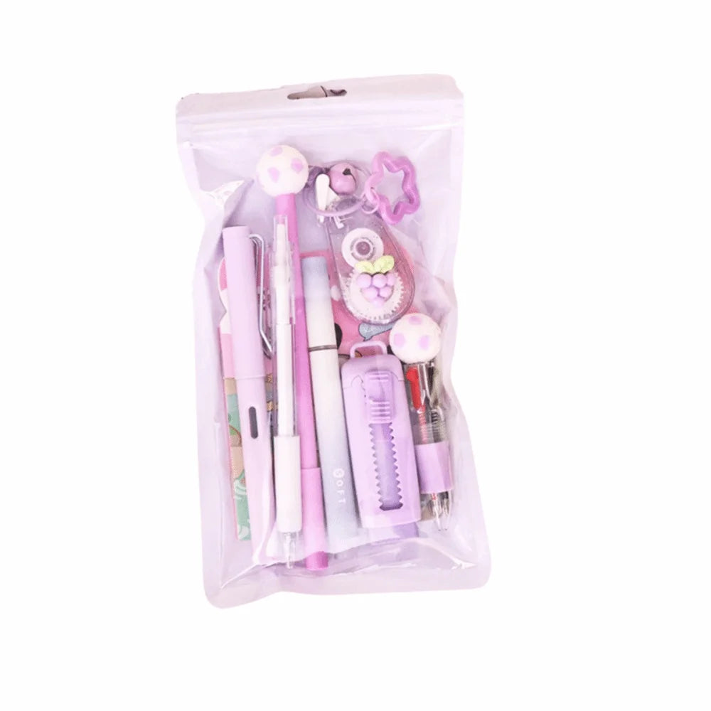 Cartoon School Stationery Set 6 Color Pens Stick Note Student Tools Gift Kit Eraser Large Capacity Learning Gift Box