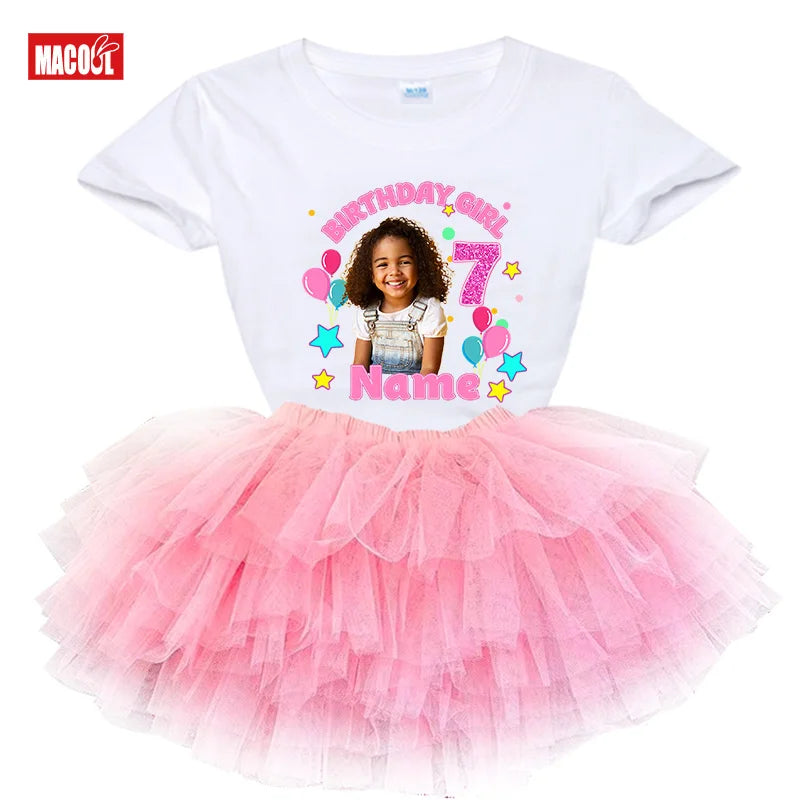 Custom Photo Birthday Girl Shirt And Tutu Set Girls' Party Dress Outfit with Name Personalization Child's Special Day Clothing