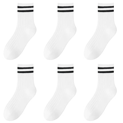 Kids Boys Girls Cotton Socks - Seamless Double Needle Ribbed 2-Stripe, All Season School Home Sports Socks