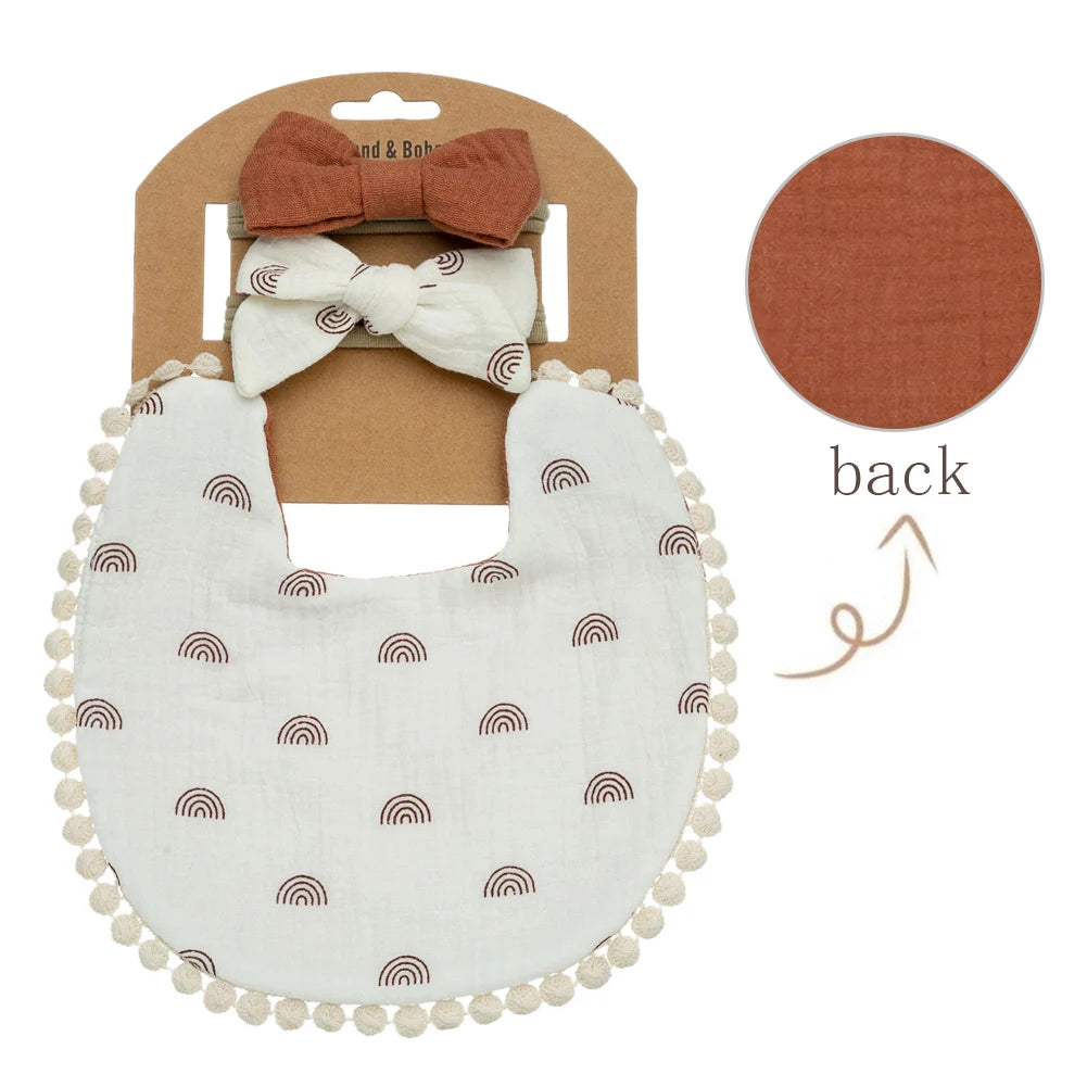 3-Piece Baby Bib & Headband Set, Double-Sided Feeding and Burp Cloth with Soft Nylon Bow Headbands