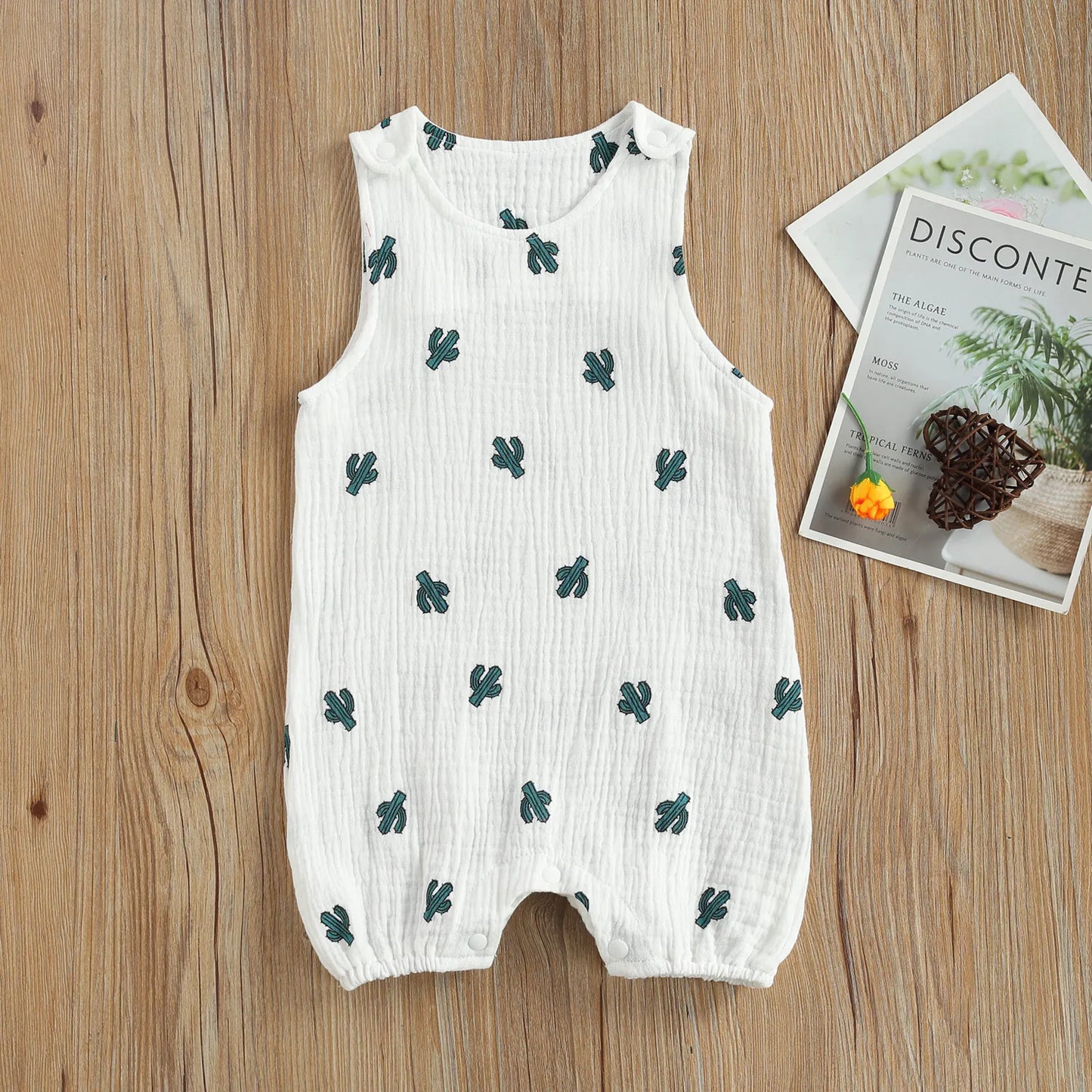 Baby Sleeveless Romper, Cotton Muslin Linen Cactus Print Jumpsuit for Boys and Girls
