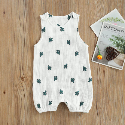Baby Sleeveless Romper, Cotton Muslin Linen Cactus Print Jumpsuit for Boys and Girls