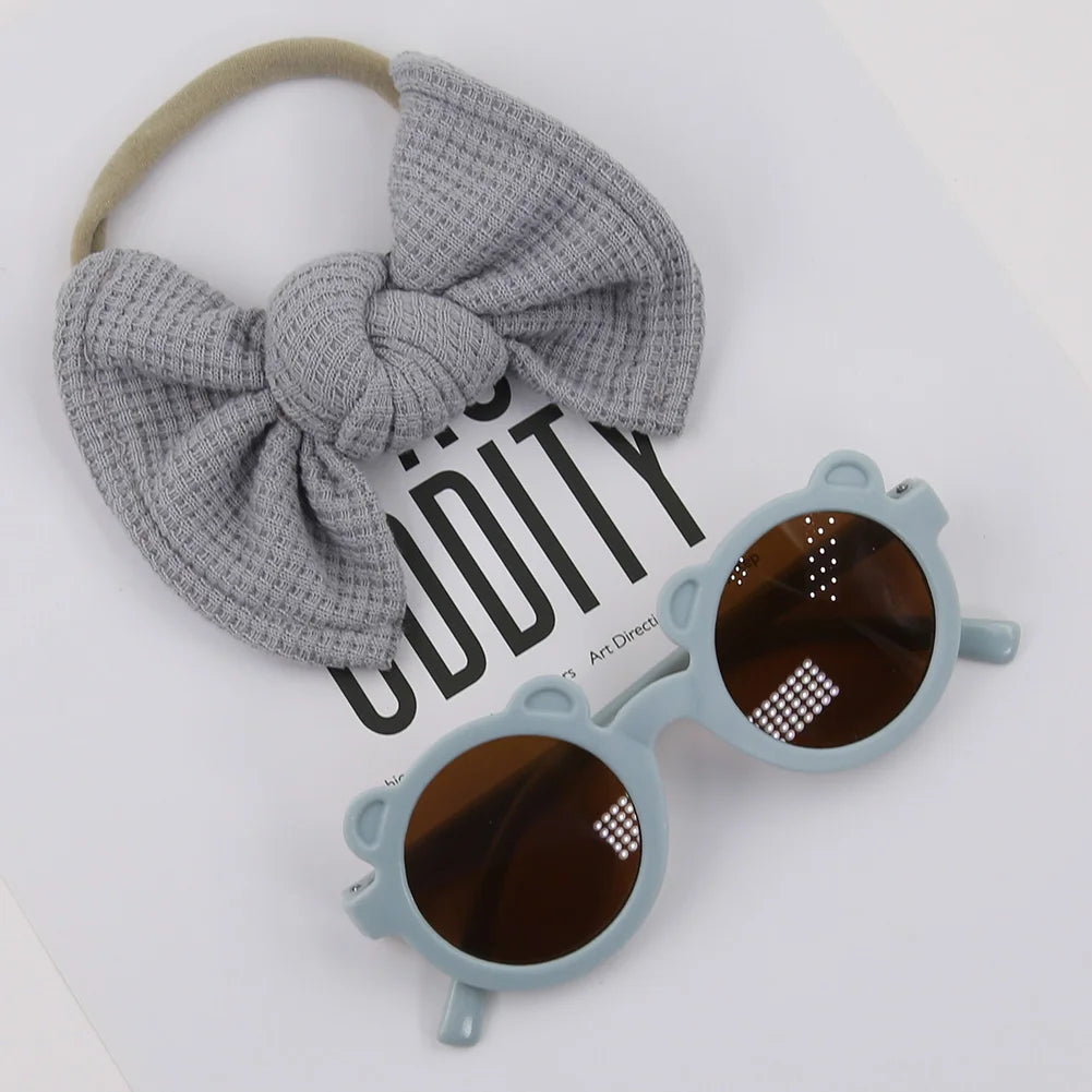 2Pcs/Set Bear Baby Sunglasses Waffle Topknot Hair Bows Headbands Sun Protection Shadow Glasses Kids Fashion Hair Accessories