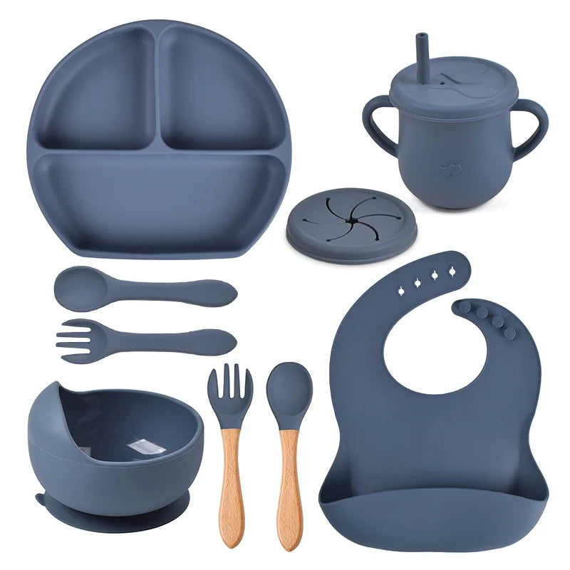 3/9Pcs Baby Tableware Set Food Grade Silicone Baby Dishes for Children's Cute Print Bib Bowl Non-Slip Plates with Sucker BPAFREE