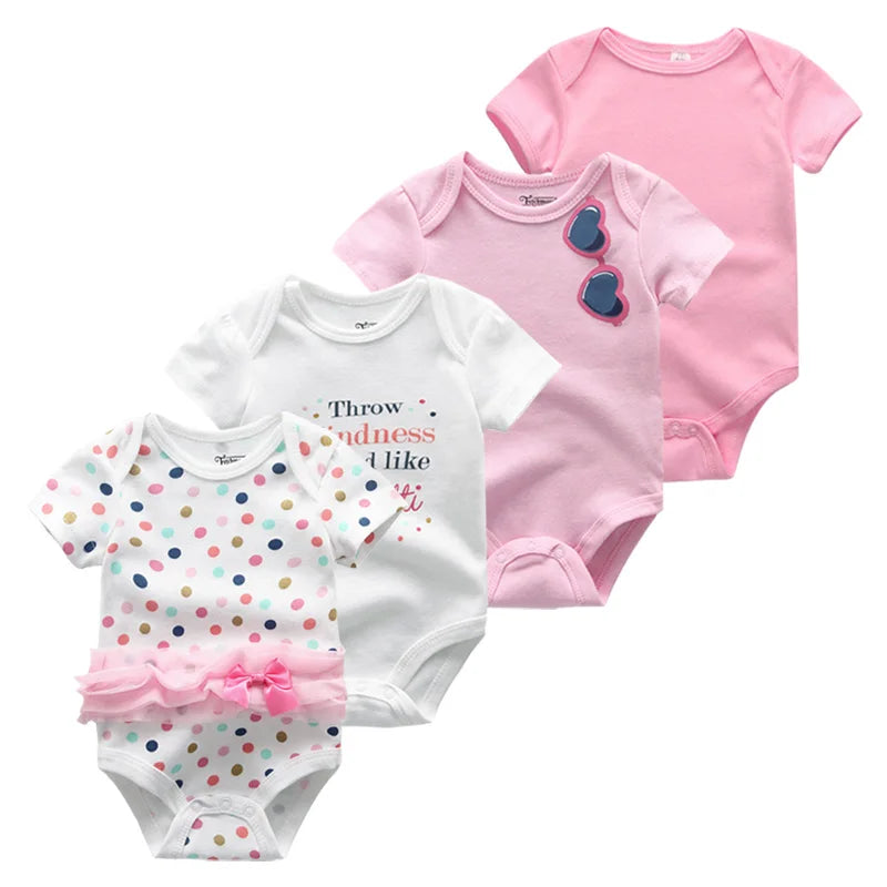 4-Piece Baby Romper Set, Soft Cotton Cartoon Print Short Sleeve Bodysuits for Newborn Boys and Girls (0–12M)