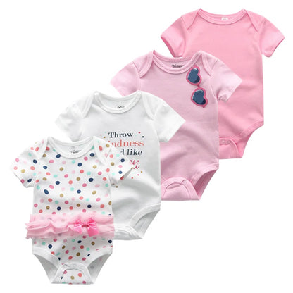 4-Piece Baby Romper Set, Soft Cotton Cartoon Print Short Sleeve Bodysuits for Newborn Boys and Girls (0–12M)