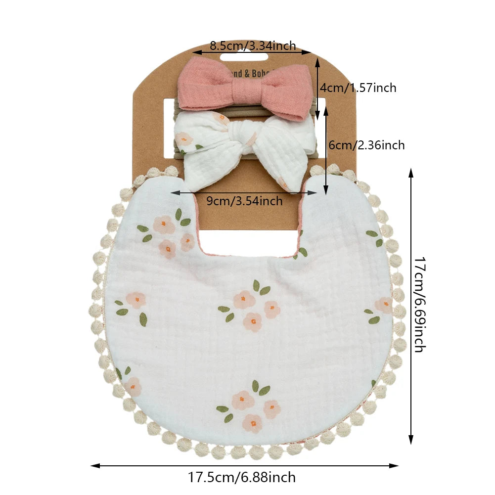 3-Piece Baby Bib & Headband Set, Double-Sided Feeding and Burp Cloth with Soft Nylon Bow Headbands