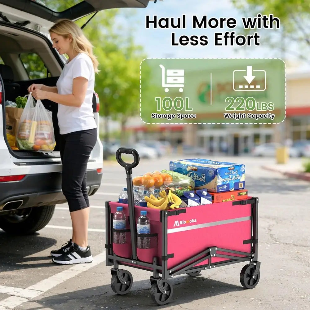 Collapsible Wagon Cart, 220LBS Heavy Duty Collapsible Wagon with All-Terrain Wheels 360° Rotation, flexible Handle, Portable Util