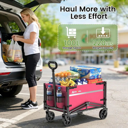 Collapsible Wagon Cart, 220LBS Heavy Duty Collapsible Wagon with All-Terrain Wheels 360° Rotation, flexible Handle, Portable Util
