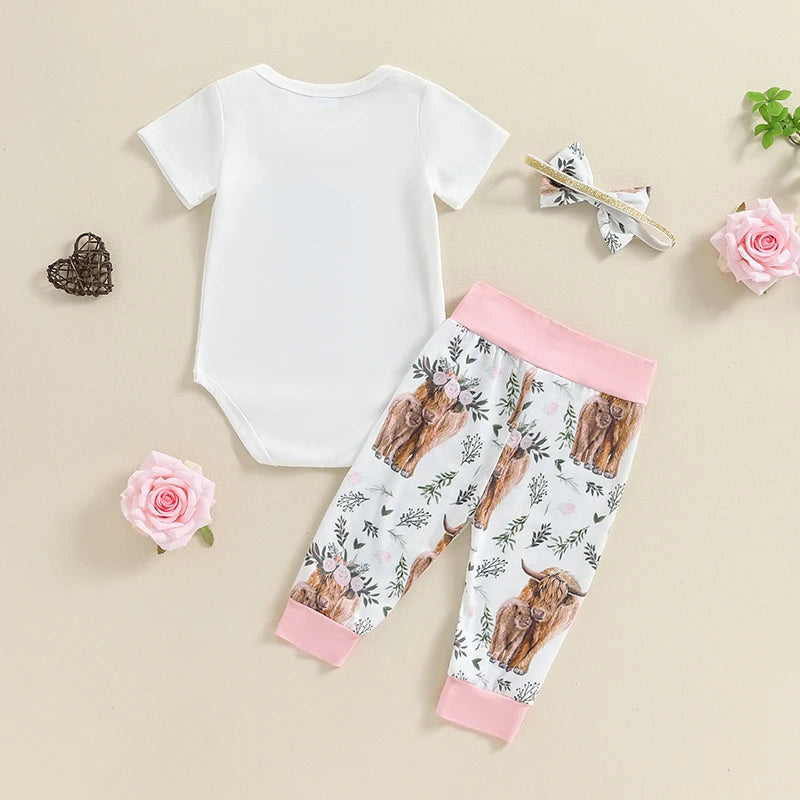 Summer Infant Baby Girl Clothes Set Print Short Sleeve Romper Elastic Waist Pants Bow Headband Outfits