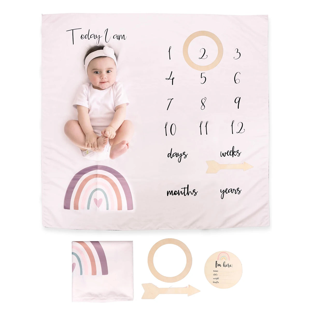 Baby Milestone Blanket Set, Monthly Growth Photo Backdrop with Wooden Cards for Newborn Photography