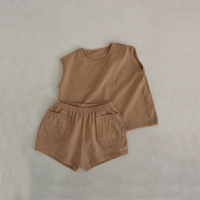 Summer Baby & Boys Tank Top Tees Shorts Set 100% Cotton Solid Two Pieces Sets