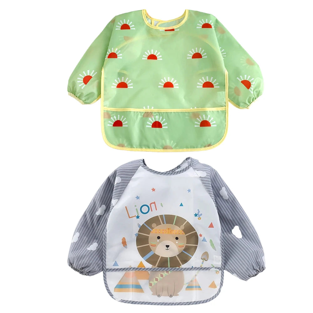 2pcs Waterproof Full Sleeve Baby Bibs Children Apron Long Sleeve Feeding Smock Kids Eating Breastplate Infant Scarf Clothing